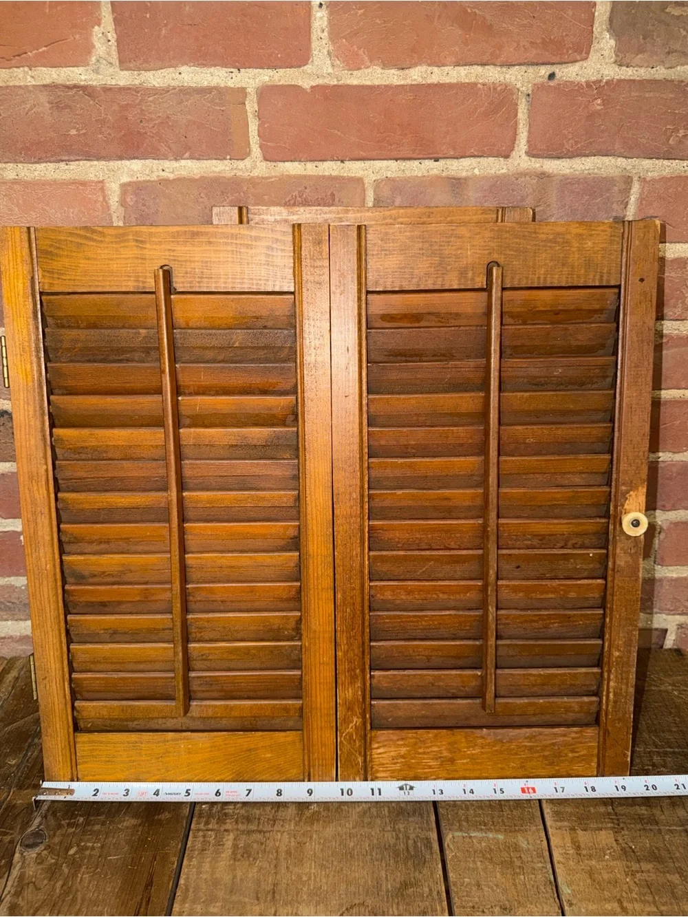 Vintage Wooden Louvered Window Shutters - Warm Brown Miniature Pair Rustic